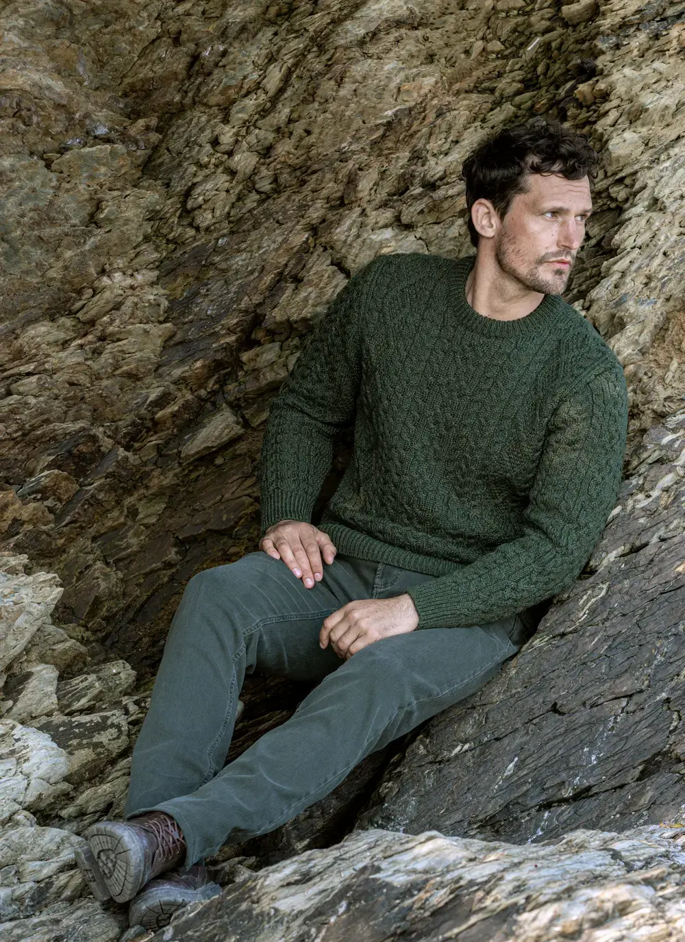 Oisin Aran Crew Neck Sweater in Army Green | Blarney